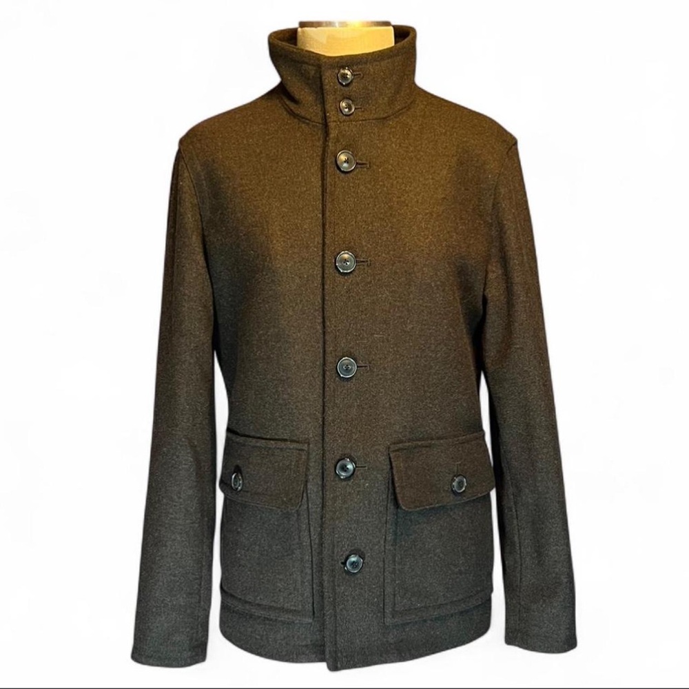 🤎Banana Republic Italian Wool Olive Pea Coat • Mario Bellucci Fabric • Rare - Picture 2 of 8